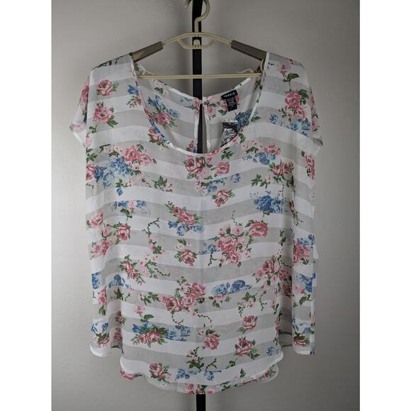 Torrid Striped Floral Sheer Button Back Top white gray pink blue - Picture 2 of 7